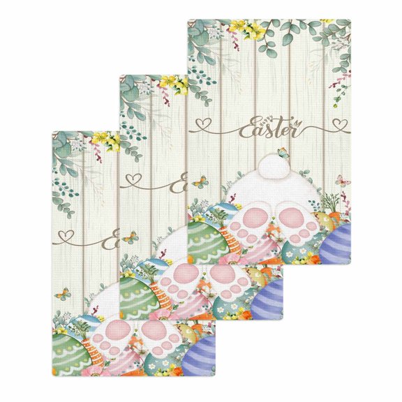 Easter Kitchen Dish Towels for Drying Dishes Set of 3, Spring Rabbit Ears Foot Colorful Eggs Leaf Floral Waffle Weave Microfiber Hand Tea Bathroom Towels Quick Dry & Absorbent Towel 15.7x23.6