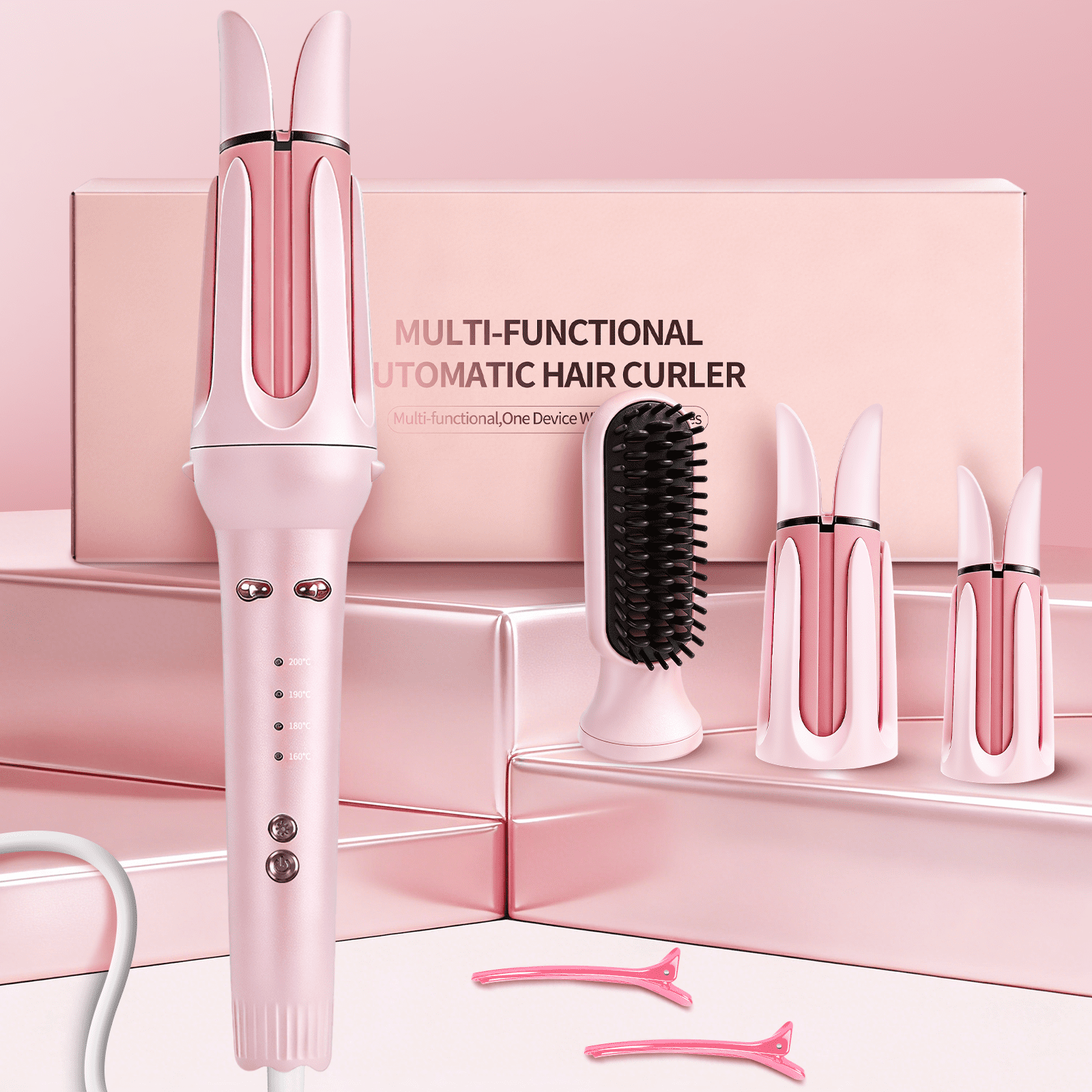 3-in-1 Auto Rotating Curling Iron with 32mm & 38mm Barrels, Waver & Straightener Brush, Anti-Scald Hair Styler Pink