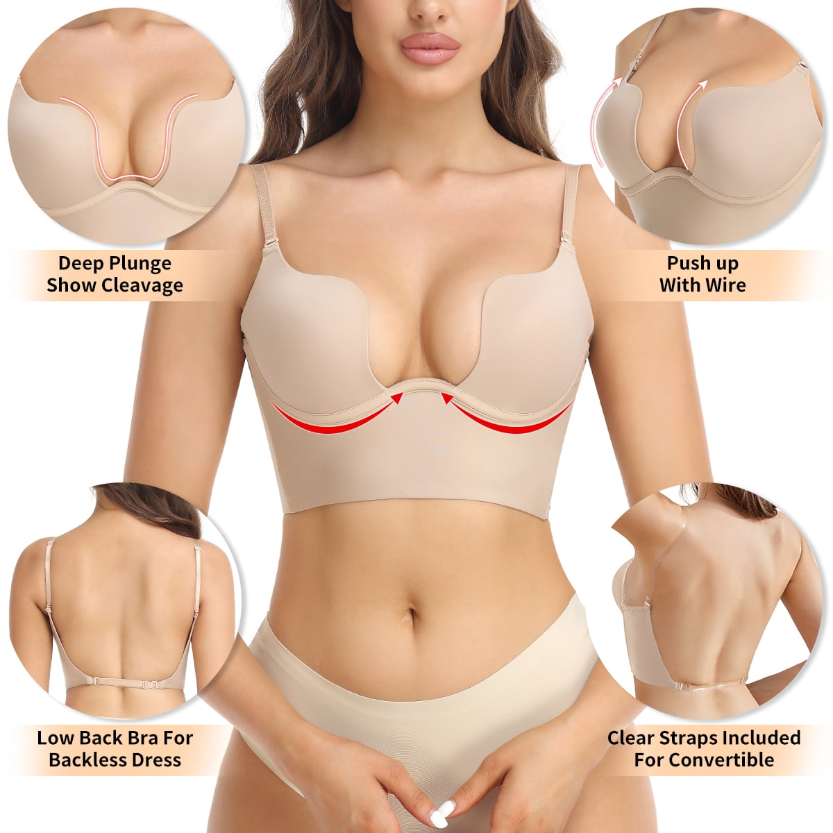 COMFREE Low Back Bras for Women Deep U Plunge Backless Bras Seamless Halter Bras Wire Lifting Low Cut Bra