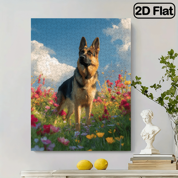 500/500pcs Adult Puzzle - Large Challenge with German Shepherd Wildflowers (Lavender/Poppy Fields) - Family Game Night, /Christmas/Halloween Gift for Adults , Portable Box, Challenging Puzzle Piec