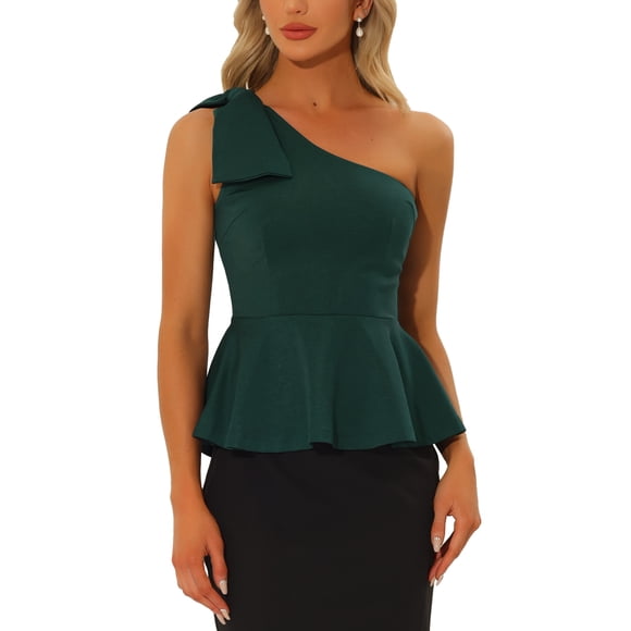 INSPIRE CHIC One Shoulder Top for Women's Bow Ruffled Peplum Top Dark Green XS