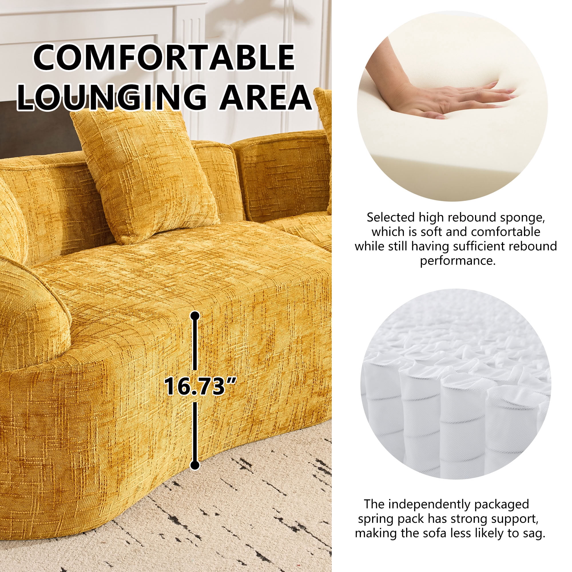 MAYEERTY 4-Seat Curved Compressed Sectional Sofa, Upholstered Cloud Modular Couch with Throw Pillows, No Assembly for Living Room Apartment Small Spaces
