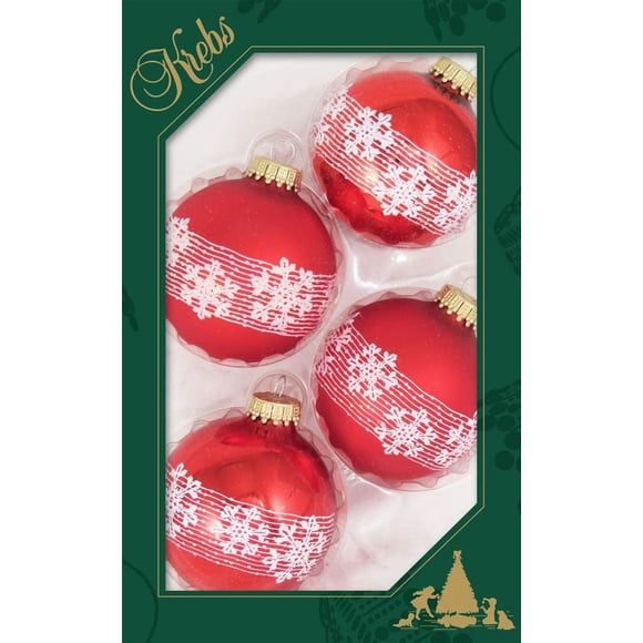 Ornements de Sapin de Noël en Verre - 67mm/2.63 Pouces [4 Pcs] Boules Décorées de Noël by Krebs Décoration de Vacances Suspendue Sans Couture (Brille Rouge Brillant avec Flocons de Neige Soufflants)