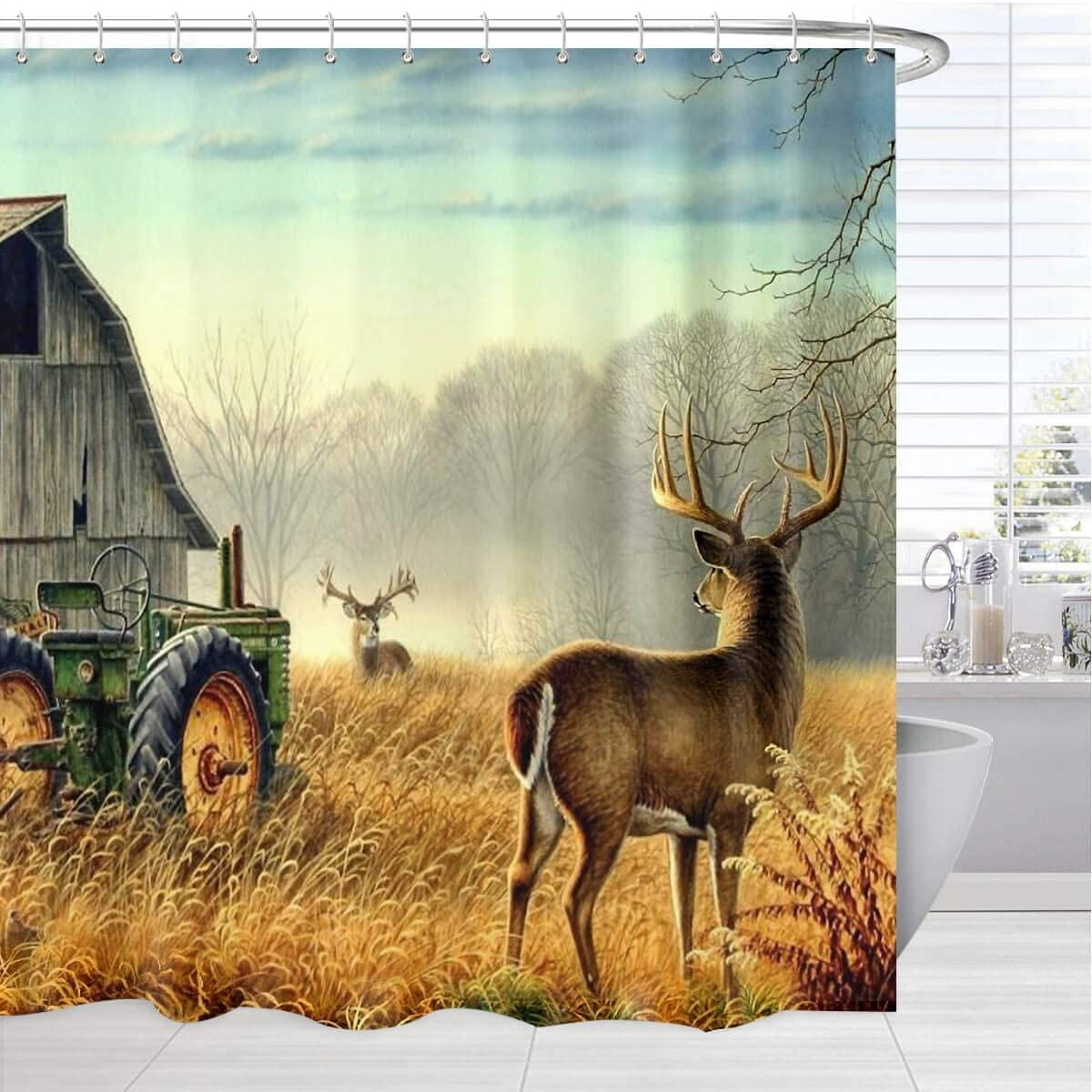 Rustic Country Shower Curtain, Fall Western Wooden Barn Tractor Brown