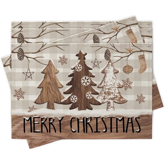 Merry Christmas Tree Placemats Set of 4, Farmhouse Xmas Pine Tree Buffalo Plaid Dining Place Mats Table Decor, Rustic Winter Holiday Snowflake Home Kitchen Decoration 12 x 18 Inches