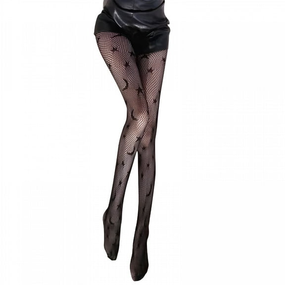 TELOLY Women Japanese Sheer Mesh Black Pantyhose Star Moon Patterned Fishnet Tights Black Patterned Tights