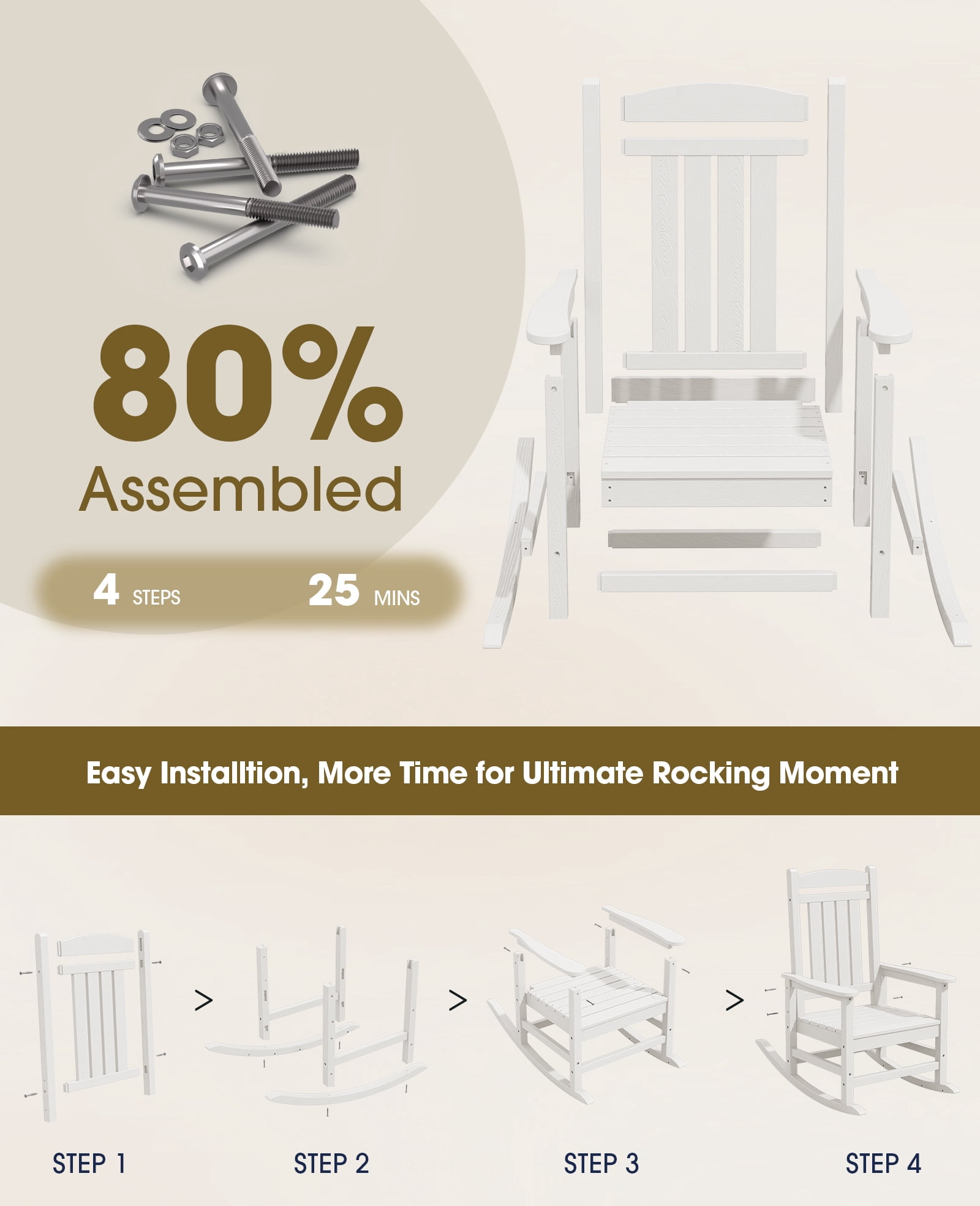 KINGYES Outdoor Rocking Chair Set of 2, HDPE Patio Rocking Chair, Heavy Duty Front Porch Rocker, White
