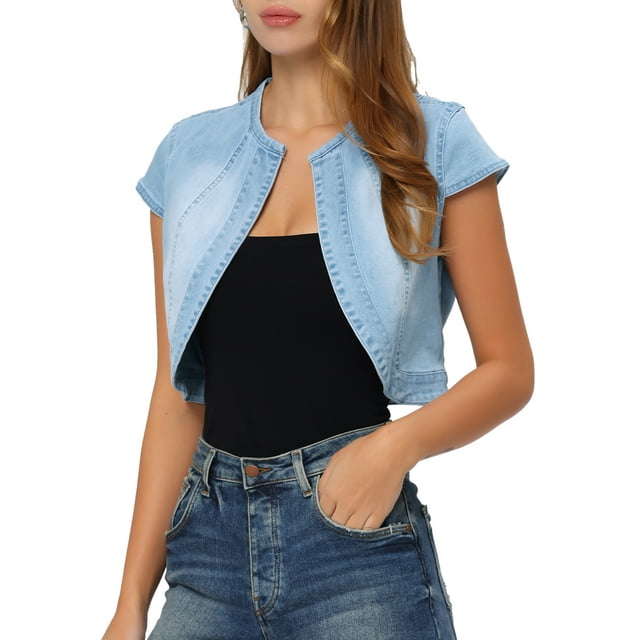 INSPIRE CHIC Veste en Jean d'Été pour Femme 2023 Courte en Denim à Manches Cap Ajustées m Bleu Pâle