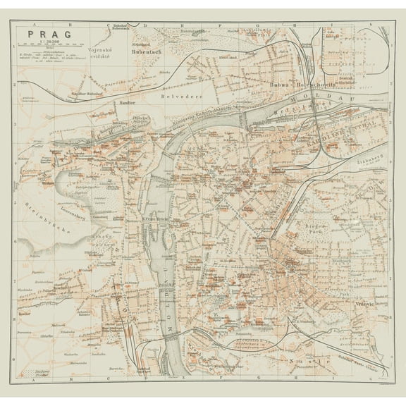 Historic Map - Prague Czech Republic - Baedeker 1910 - 24.02 x 23 - Vintage Wall Art