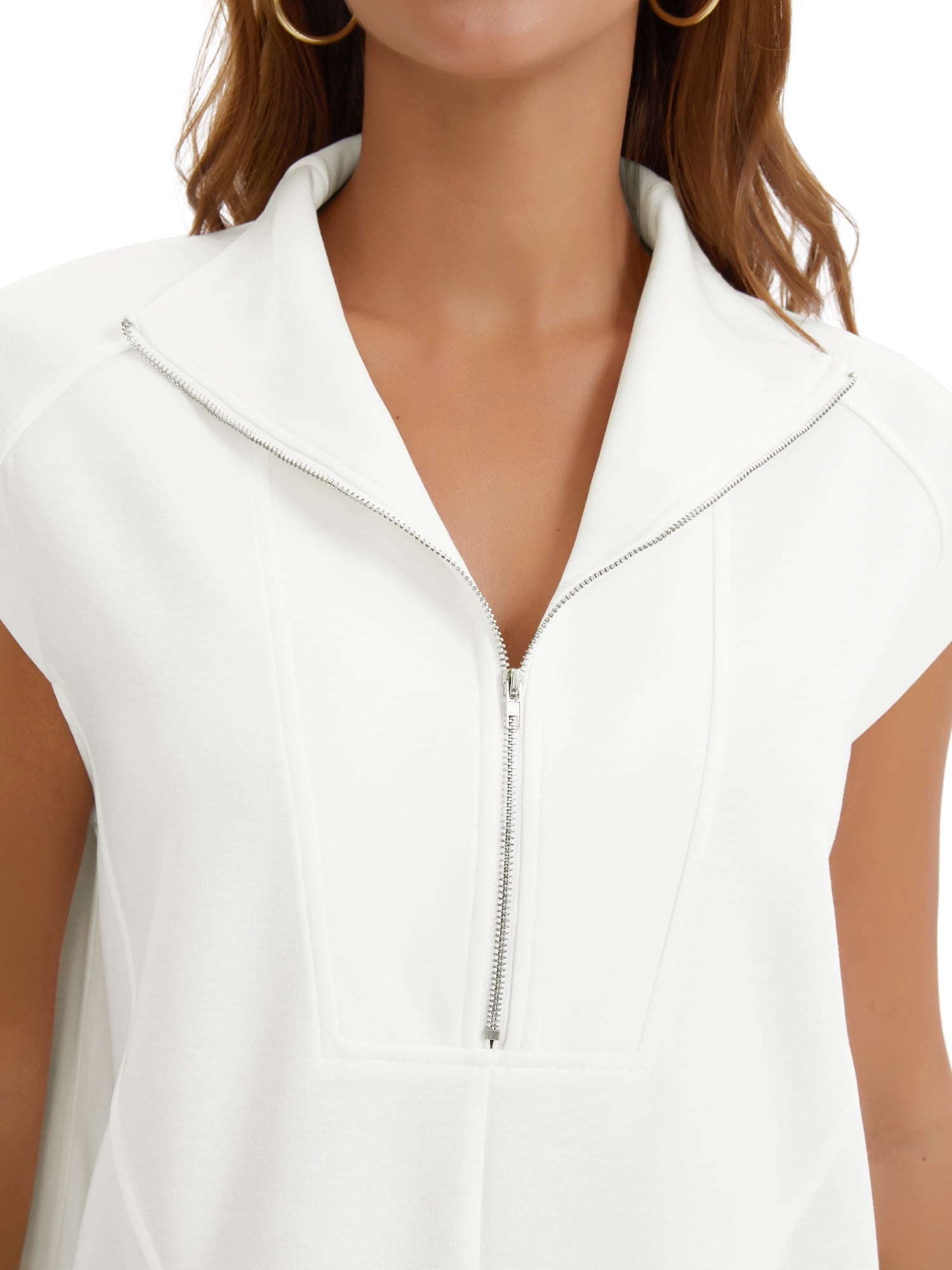 DARING DIVA Women's Half Zip Cap Sleeve V Neck Collared Tunic Dresses L White
