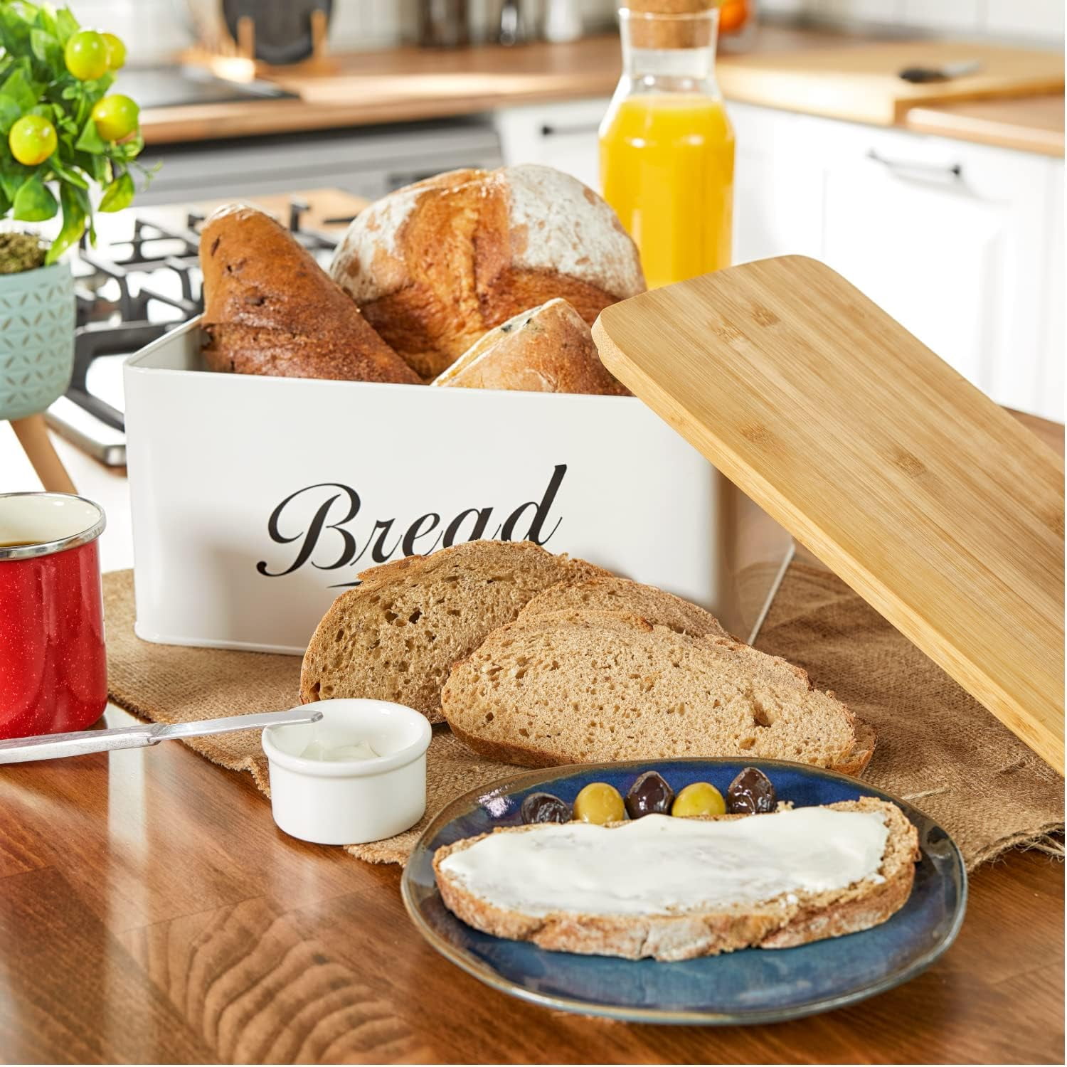 RoyalHouse Modern Metal Bread Box with Bamboo Cutting Board Lid - Thumbnail 3