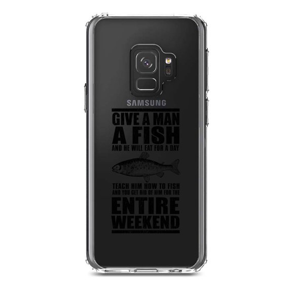 DistinctInk Clear Shockproof Hybrid Case for Samsung Galaxy S9 (5.8" Screen) - TPU Bumper Acrylic Back Tempered Glass Screen Protector - Teach Man to Fish, Get Rid of Him for Weekend