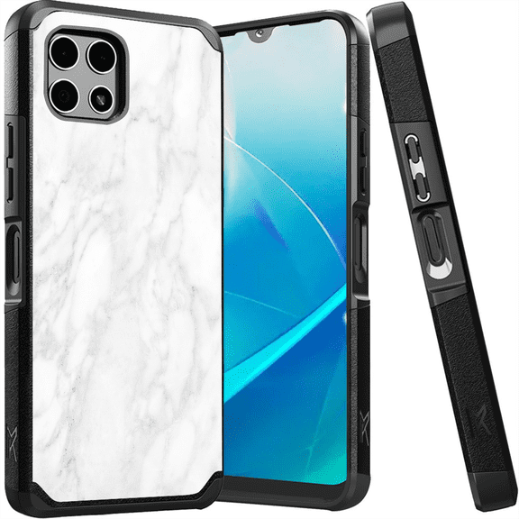 ANJ Shockproof Dual Layer Slim Hard Case Tempered Glass Cover Compatible with T-Mobile REVVL 7 5G - White Marble
