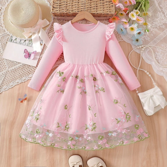 Long Sleeve Princess Dress for Girls Pink Floral Embroidered Tulle Party Tutu for Birthday,Size 5-6 T