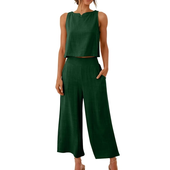 Solid Color Linen Capris Set, Womens Sleeveless Tank Tops and High Waisted Capris Suit, Summer Vacation Casual Outfits with Pockets Sets for Women Clothing Green L