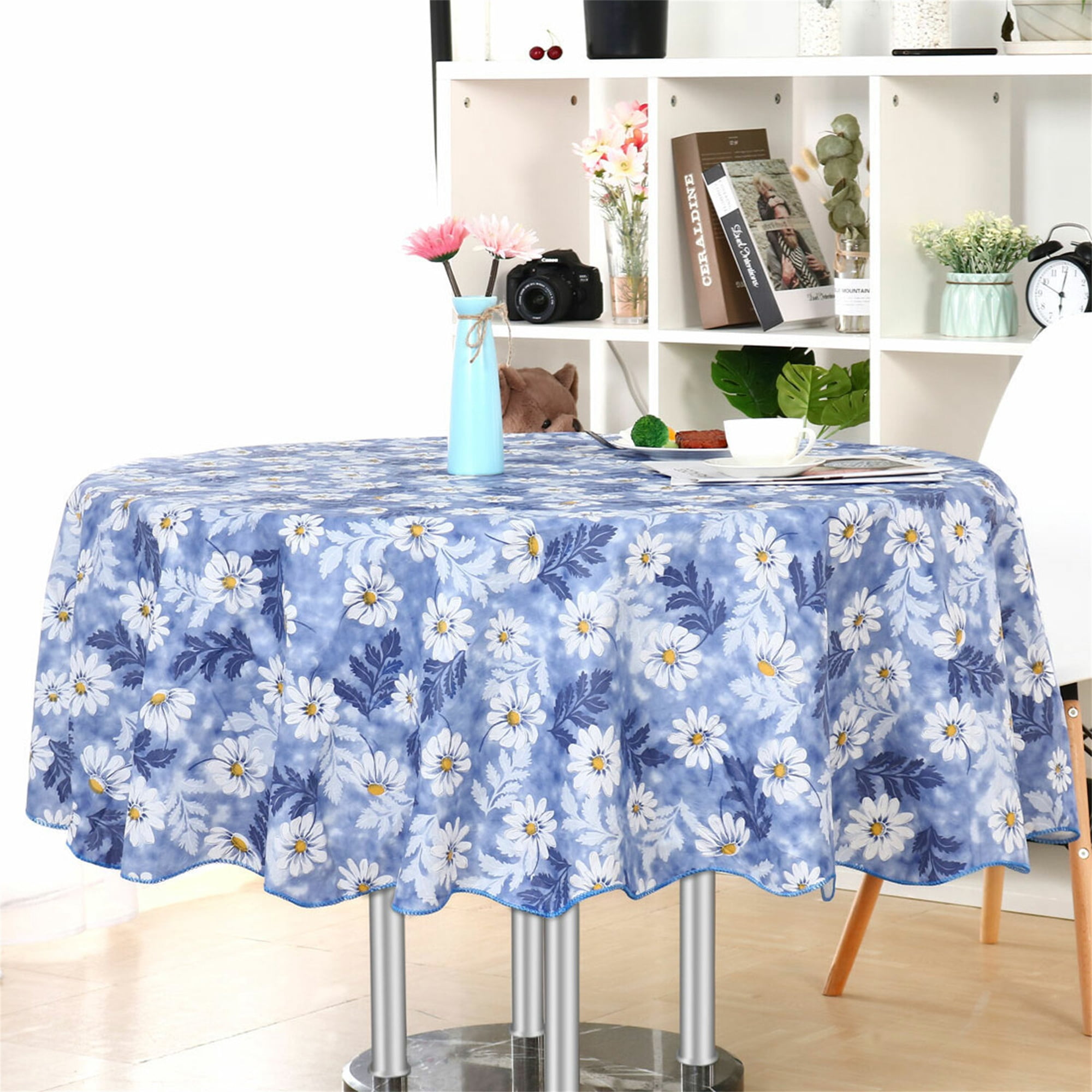 Unique Bargains Floral Decoration Round Vinyl Waterproof Tablecloth Blue 60" Dia