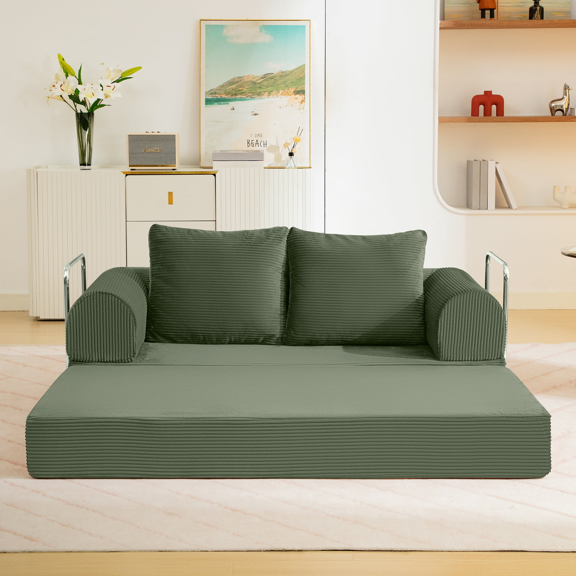 COOLHUT 63" W Convertible Sofa Bed, Foam Floor Sofa, Folding Sleeper Sofa Couch Bed with Six Frame, High Rebound Density Sofa, Corduroy Sofa Couch Bed for Living Room, Bedroom, Oliver Green