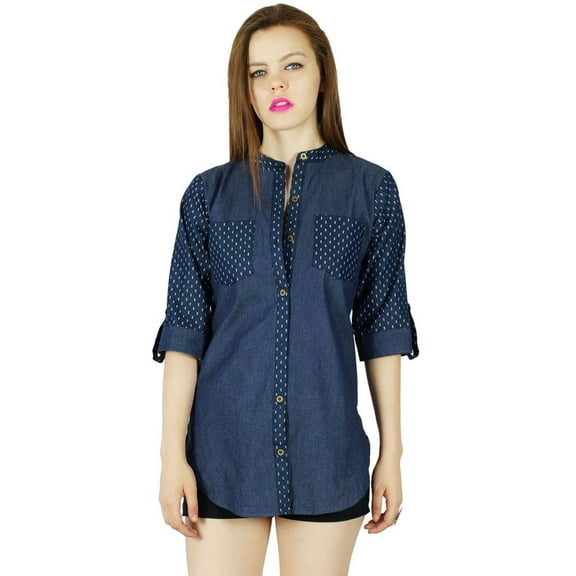 Bimba Women Blue custom Shirt Casual Top 3/4 Sleeve Formal Button Down Blouse