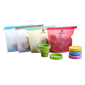Stortite Reusable Silicone Food Bag 4 Pack, Airtight Zip Seal Storage Bags Sandwich, Sous Vide, Liquid, Snack, Lunch, Fruit, Freezer, BEST for preserving and cooking , Bonus Collapsible Cup