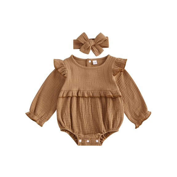 Binshrliy Newborn Baby Girl Fall Rompers Long Sleeve Ruffle Bodysuits   Headband 3M 6M 12M 18M Infant One Piece Jumpsuit