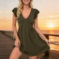 thumbnail image 5 of ClodeEU Women's Summer Babydoll Mini Dress ,Ruffle Sleeveless Deep V Neck Pleated Swing Flowy Tunic Dress Army Green,Womens Plus S, 5 of 6