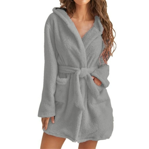 Womens Hooded Fleece Robe,Thick Warm Plush Bathrobe,Fuzzy House Coat Furs Fleece Short Robe Sleepwear with Belted