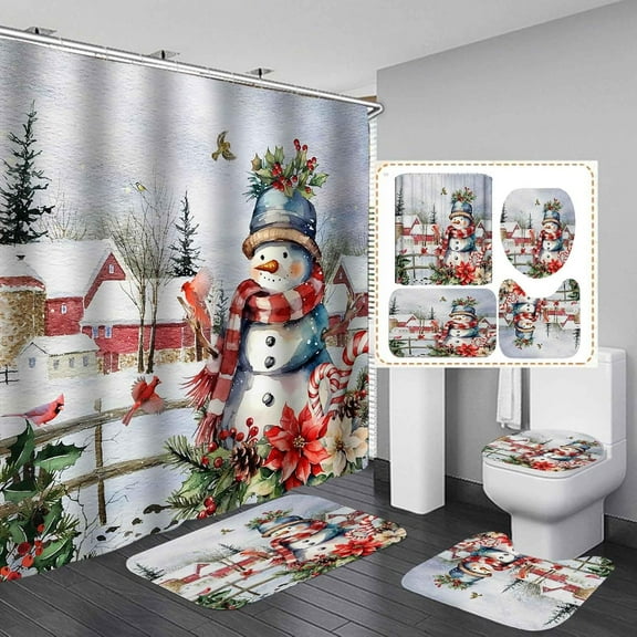 4PCS Cute Santa Claus Shower Curtain Set, White Red Buffalo Plaid Winter Xmas Holiday Merry Christmas Bathroom Decor, Waterproof Fabric Shower Curtain, Non-Slip Bath Mat Toilet Rug