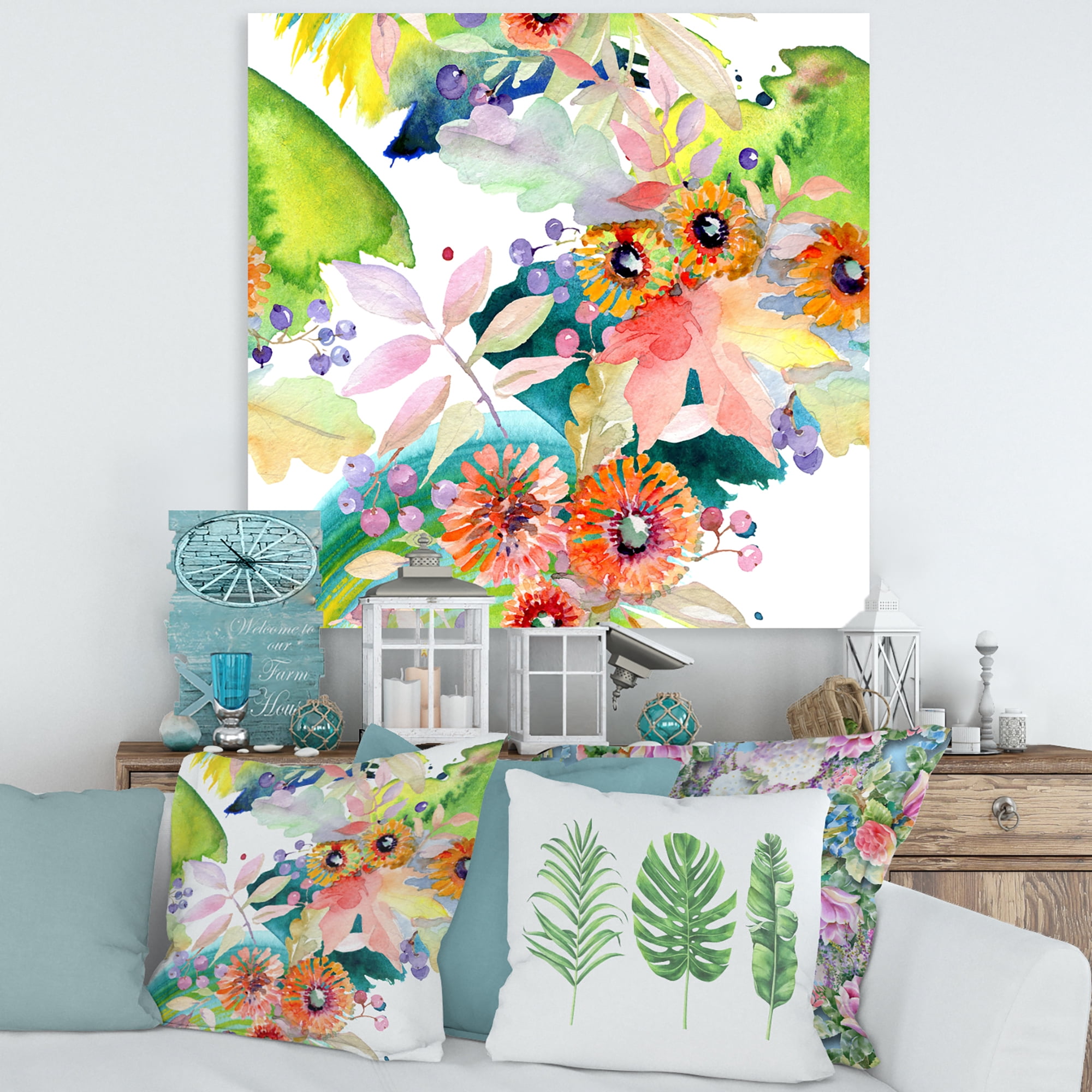 Designart ' Vital Wild Spring Leaves and Wildflowers III ' Modern Canvas Wall Art Print