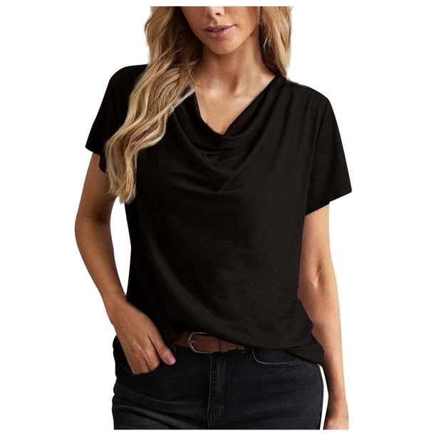 Camiseta de manga corta holgada informal lisa con cuello en V y cuello en V de verano para mujer OAVQHLG3B Store lin121212