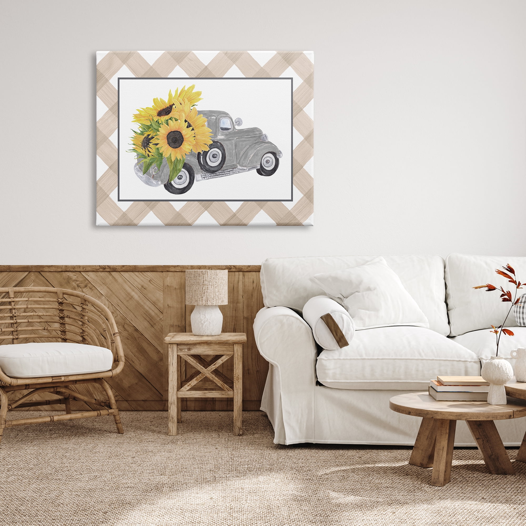Stupell Industries Country Vintage Truck Carrying Sunflowers Plaid Border Graphic Art Gallery Wrapped Canvas Print Wall Art, Design by Lettered and Lined
