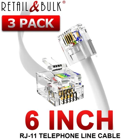 ( 3 Pack ) 6 Inch Short Telephone Cable Rj11 (6P4C) 6In Phone Line Cord