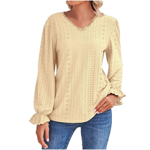 Birdeem Femmes Col en V Manches Longues Dentelle Ajourée Patchwork Ample pour Femmes