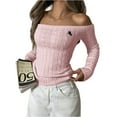 thumbnail image 2 of Women's Fashion Off-the-shoulder Solid Color Long-sleeved Sweater for Fall Winter Shoulder-Baring Style,Pink,XL, 2 of 5