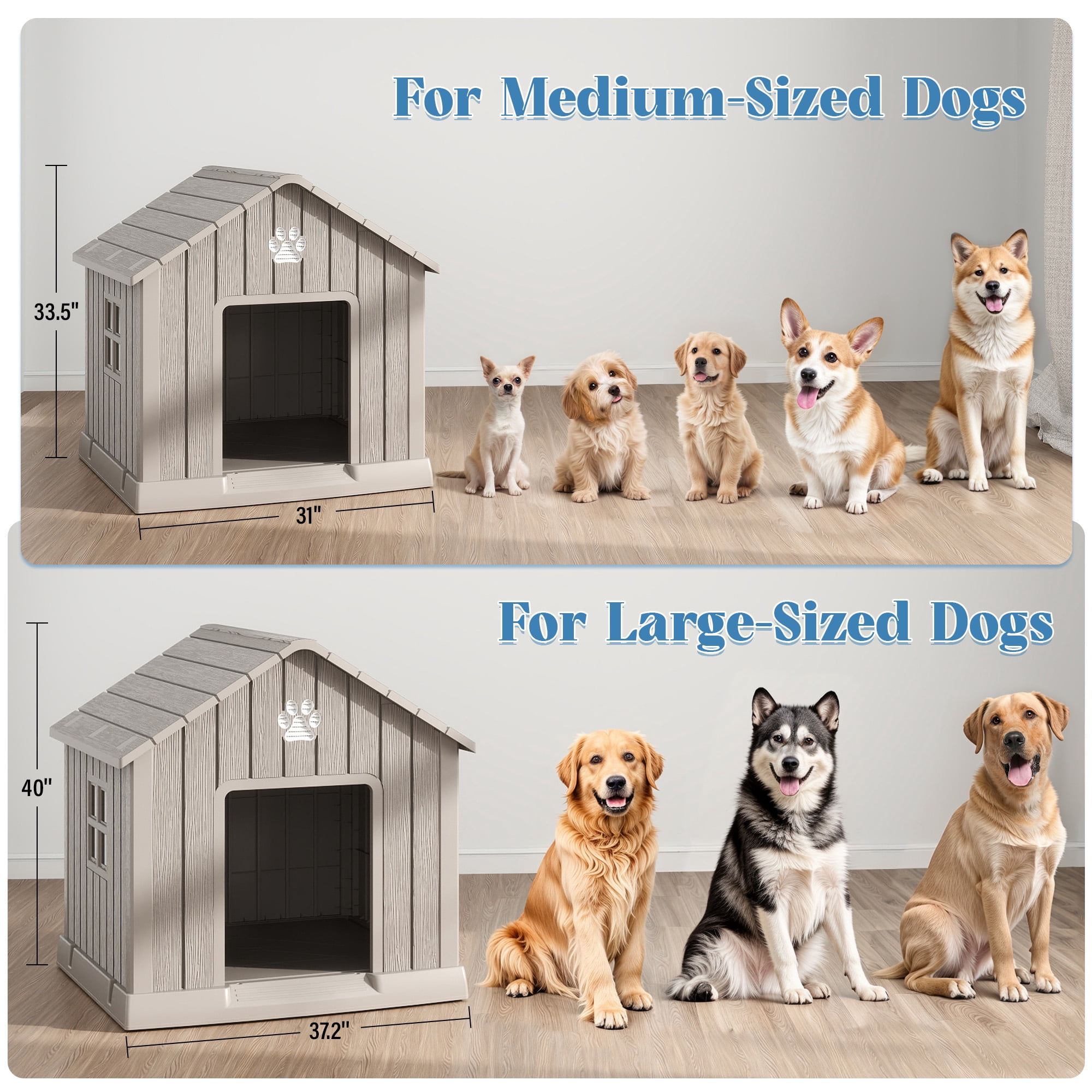 Nihsuao Dog House, Weatherproof Resin Dog House for Small Medium Dogs with Air Vents & Windows, Elevated Floor, Pet Shelter for Indoor & Outdoor, Gray, 31" L x 33.3" W x 33.5" H