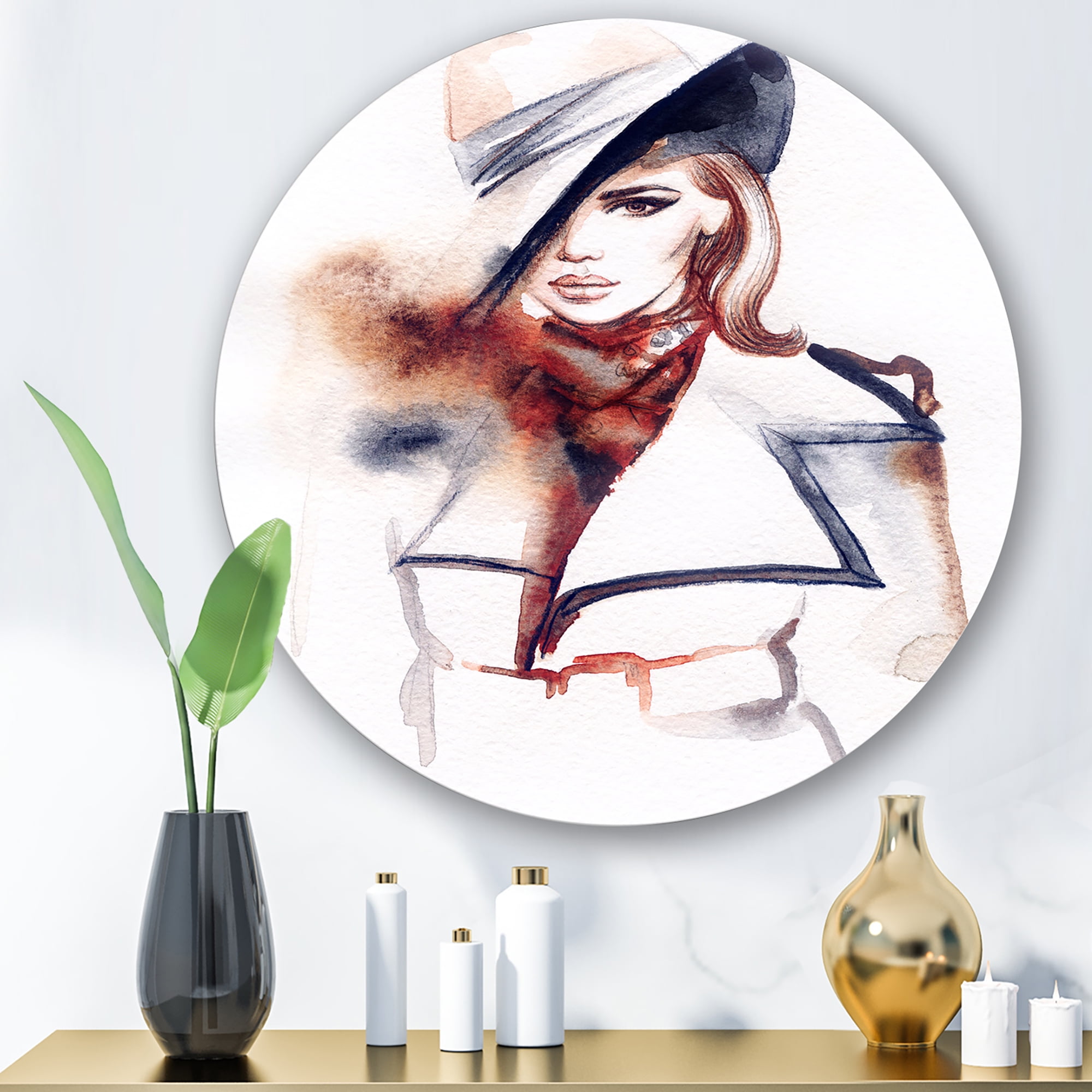 Designart 'Fashion Portrait of Woman Wearing Hat' Modern Circle Metal Wall Art 11x11 - Disc of 11