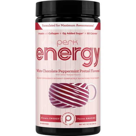 Perk Energy Original White Chocolate Peppermint Pretzel Drink Mix (20 Servings) - Gluten Free, Soy Free, Peanut Free