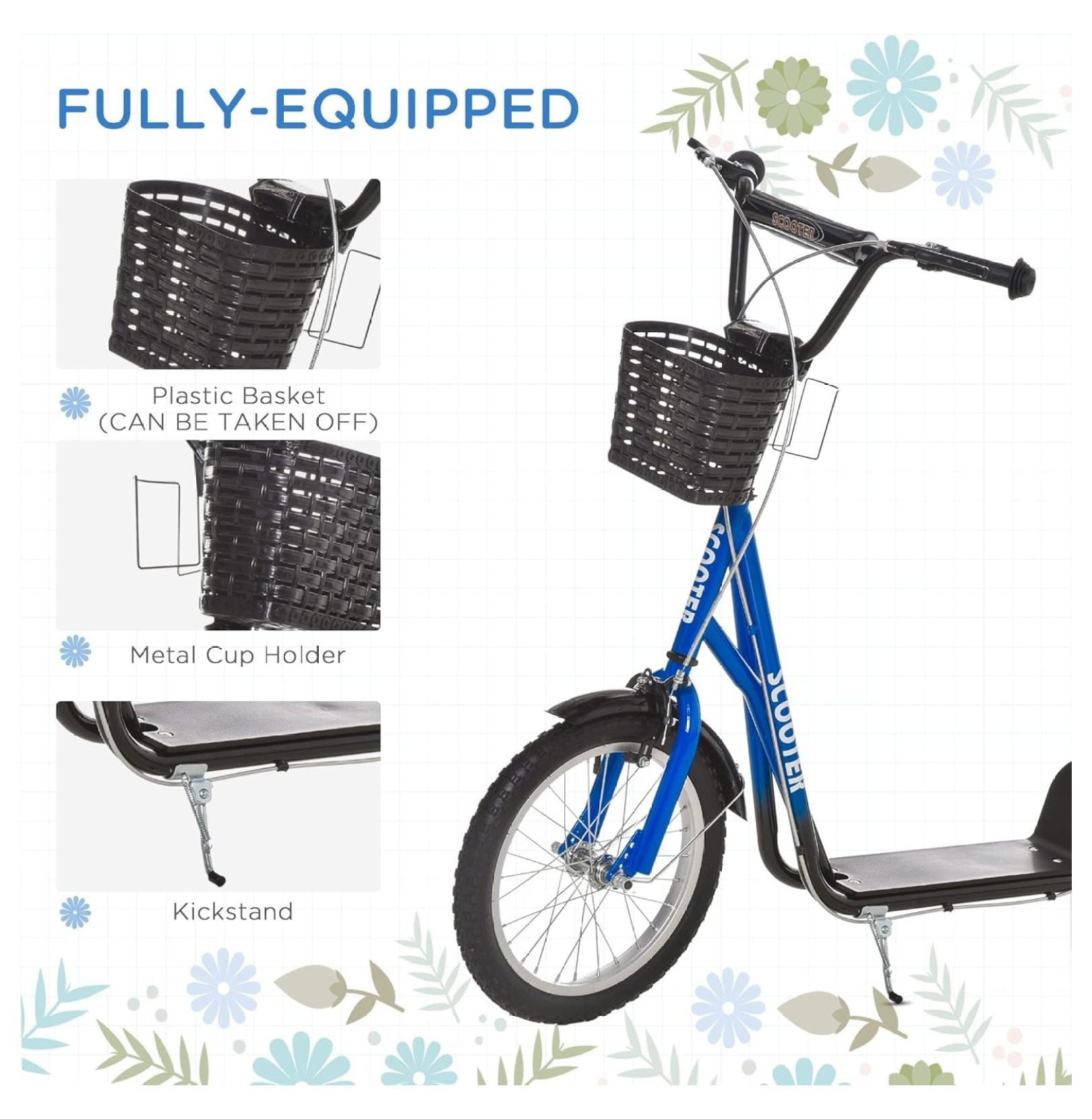 Youth Kick Scooter with Adjustable Handlebars, Double Brakes and Inflatable Rubber Tires, 16 Inch
