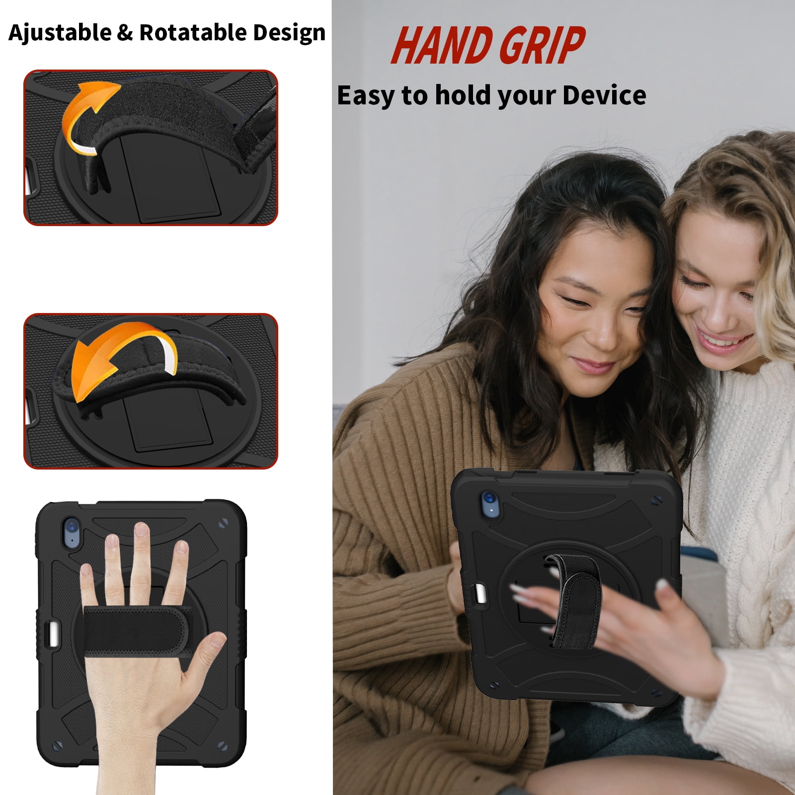 kids Case for iPad (A16) 11th Generation 11 Inch (2025), iPad 10th Generation 10.9 Inch (2022) Case, Military Grade Drop Protection with Hand/Shoulder Strap Rotating Stand Pencil Holder, Black