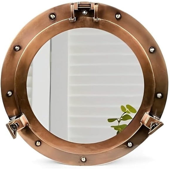 Miroir à Hublot Antique et Fenêtre - Miroir à Hublot en Aluminium Vintage pour Navire / Fenêtre de Salle de Bain Décorative Murale (Cuivre Léger, 20 Pouces)