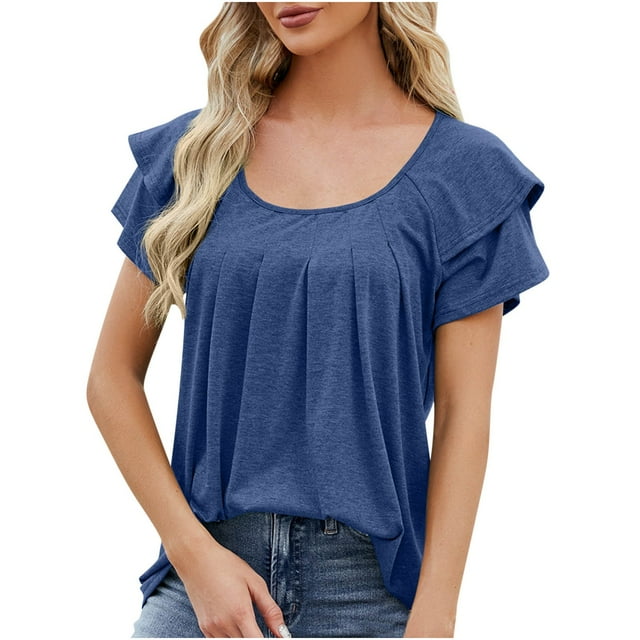AherBiu Summer Casual Tops for Women Layered Ruffle Short Sleeve Scoop Neck Ruched Loose Shirts Blouse