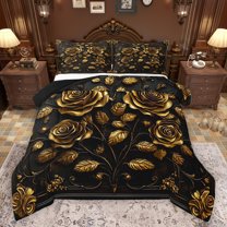 Homewish Female Men Women Luxury Floral Rose Bedding Comforter Set 2pcs,Vintage Chic Flowers Twin Comforter Sets Microfiber,Black Golden Breathable Bedding Set,Microfiber Bedroom Decor