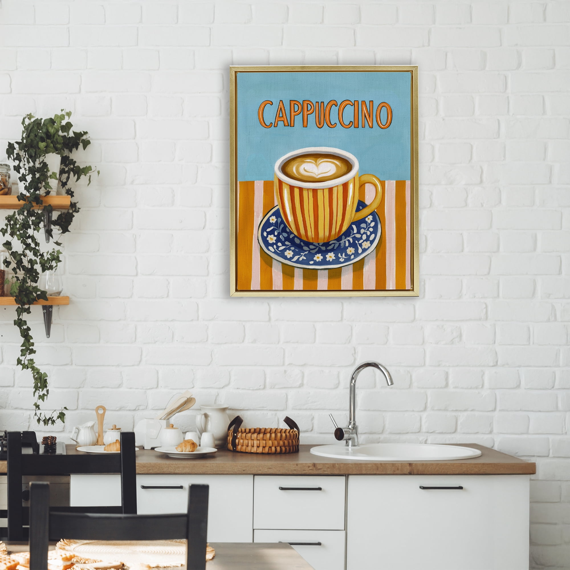 Stupell Industries Cappuccino Stripes Blue & Orange Gold Framed Floater Canvas Wall Art, design by Yen