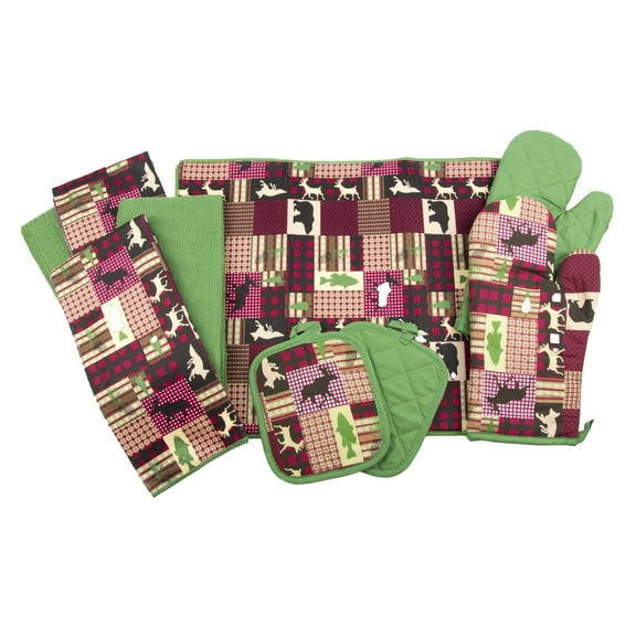 Woodland Creek Cozy Cabin 9 PC Kitchen Towel and Potholder Set Green/Red