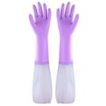 thumbnail image 1 of Guantes de limpieza reutilizables para lavar platos sin látex, puño largo, forro de algodón, guantes de cocina (morado, mediano) Namotu WMPH-693, 1 of 4