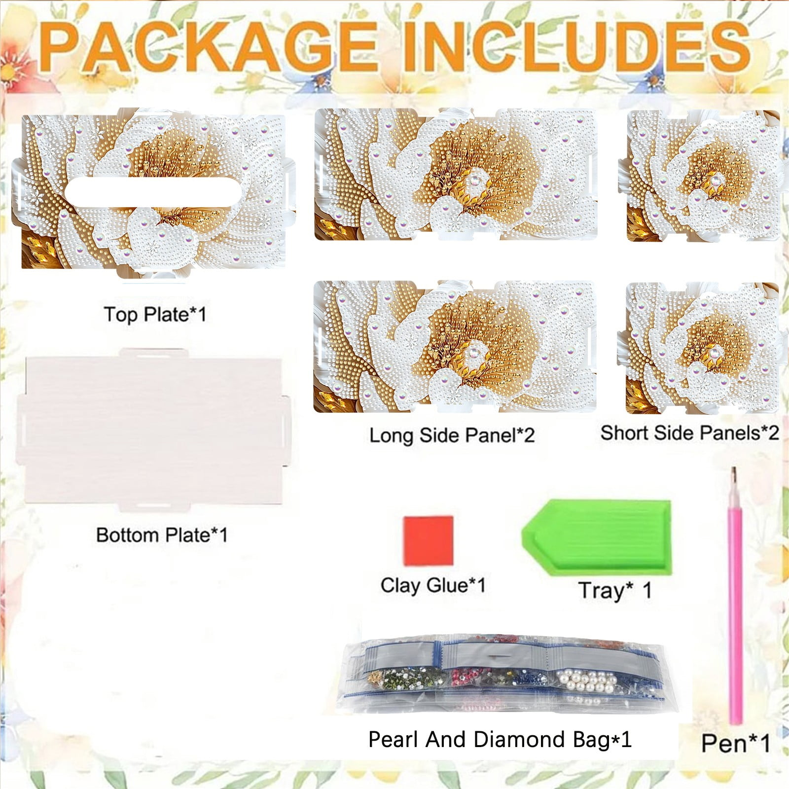 FLOPESN DIY Diamond Art Painting Flower Tissue Box – Wooden Storage Box with Crystal & Pearl Diamonds, Decor Craft Kit for Bedroom, Living Room (8.86 x 5.31 x 4.13 in)