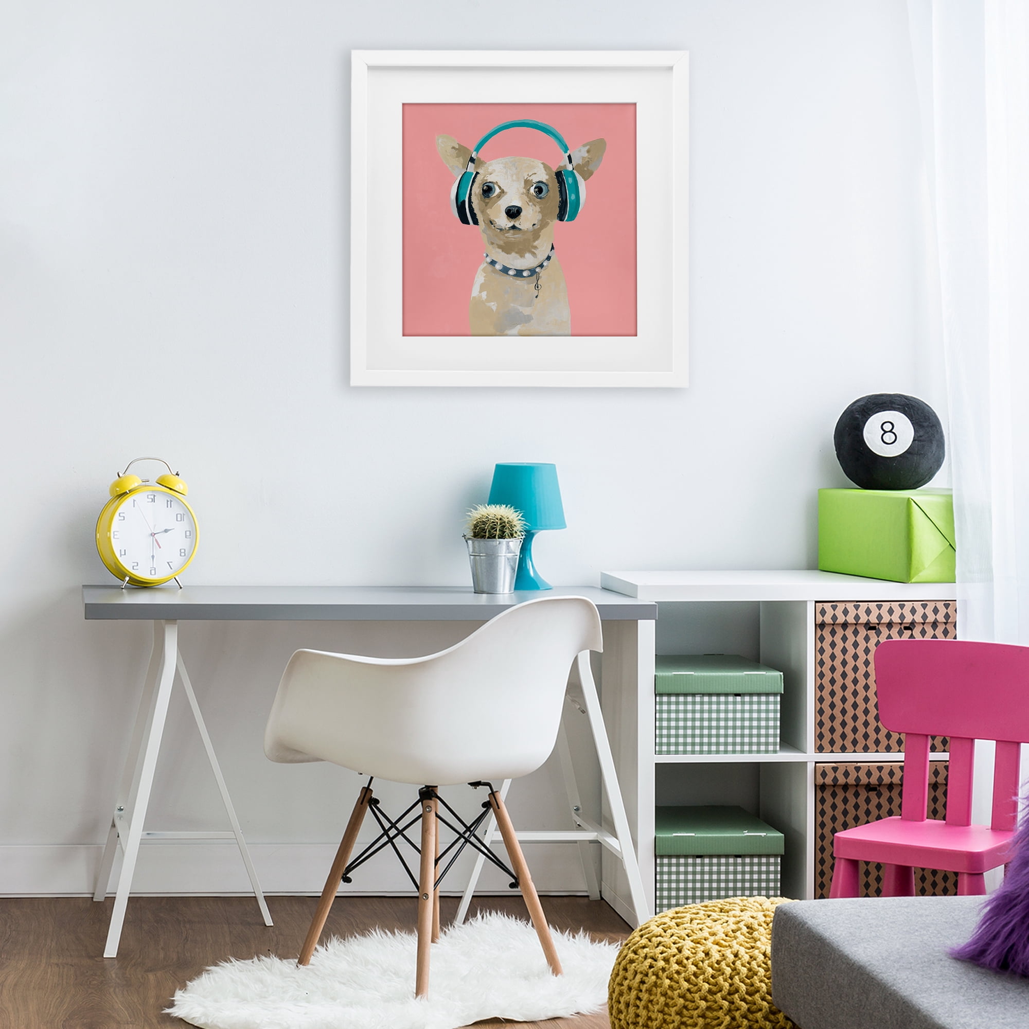 Stupell Industries Jammin' Pup on Pink White Framed Print Under Glass, design by Lorenzo Collective