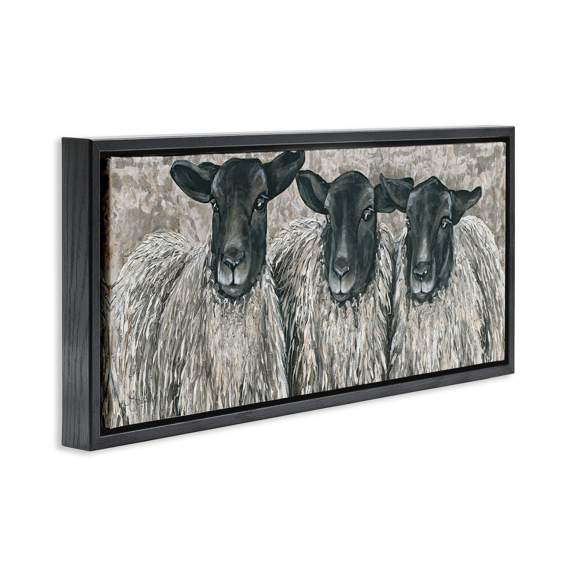 Stupell Industries Three Sheep Trio Portrait Animals & Insects Painting Black Floater Framed Canvas Art Print Wall Art, 25 x 11