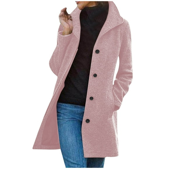 aohooy Wool Peacoat Womens Winter Long Pea Coats Wool Blend Stand Collar Single Breasted Jackets Casual Peacoat Overcoats Pink,XL