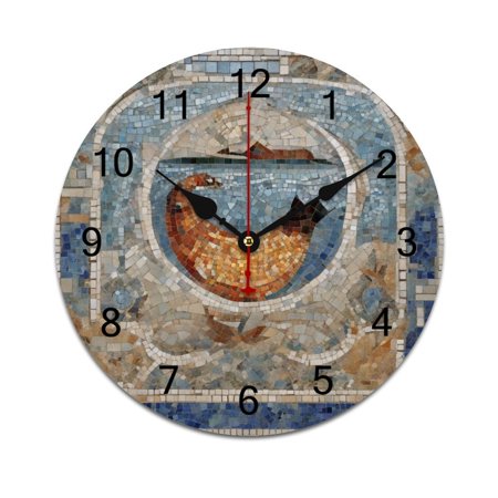 Silent Wall Clock 34cm/13.39in Round Wall Clock Mediterranean Style Mosaic Hanging Clock for Home Living Room Bedroom Kitchen Non Ticking Battery Operated Living Room Mute Clock