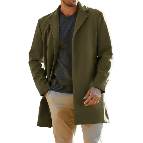 WTOBBY Men's Wool Blend Trench Coat, Notched Collar Single-Breasted Overcoat for Business Casual Winter Wear with Pockets, Slim Fit and Mid-Length for Formal Occasions,Army Green L